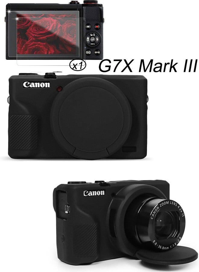 حافظة سيليكون مع واقي شاشة من الزجاج المقوى لكاميرا Canon Powershot G7 X Mark III الرقمية غطاء واقي ناعم من السيليكون مع غطاء عدسة قابل للإزالة مضاد للانزلاق ومضاد للخدش أسود - Image 1